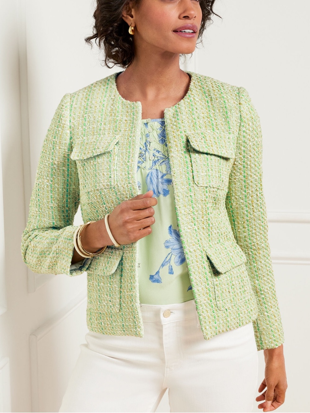 Talbots TULIP PATCH TWEED JACKET Collarless Blazer lime green women’s 6 NWT work